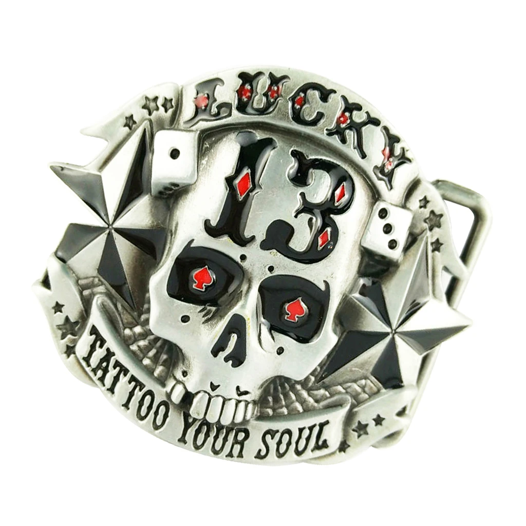 Antique Silver Skull Belt Buckle 13 Stars Tattoo Your Soul Lucky G&uuml;rtelschnalle