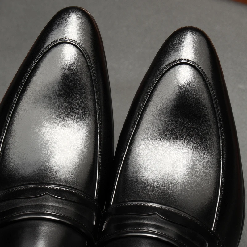 LIAOCHI Spring/Autumn Ostrich Style Black Loafers Pointed Toe Slip-On Genuine Leather Wedding Oxford Dress Office Mens Shoes