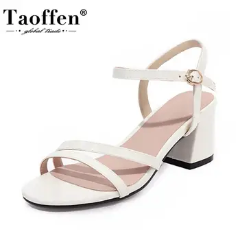 

Taoffen Plus Size 31-48 Women Sandals Shoes Fashion Serpentine Print Or Solid Shoes Women Square Heels Metal Buckle Footwear