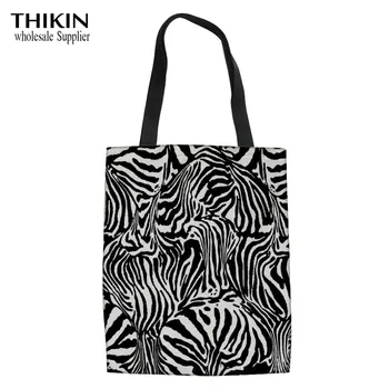 

THIKIN Zebra Stripes Pattern Woman Folding Shopper Bags Fashion Large Female Cotton Shopping Tote Bags Recycle Student Eco Bag