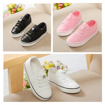 

Popular Spring Outdoors Children Solid Candy Color Canvas Flats Shoes Round Toe PU Leather Soft Bottom Slip-on Shoes For Girls