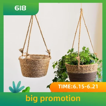 

Natural straw weaving basket garden potted garden vase hanging handmade rattan basket large capacity basket simple and elegant