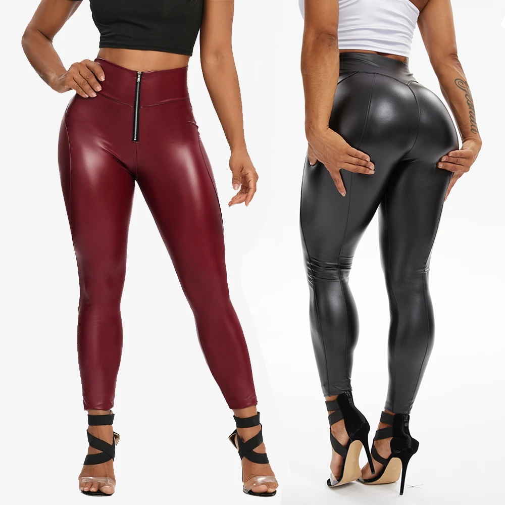 Women's Faux Leather Leggings Pants PU Elastic Shaping Hip Push Up Black Sexy Curvy Stretchy High Waisted Tights with Zipper sports leggings,sports pants,yoga pants,female tights