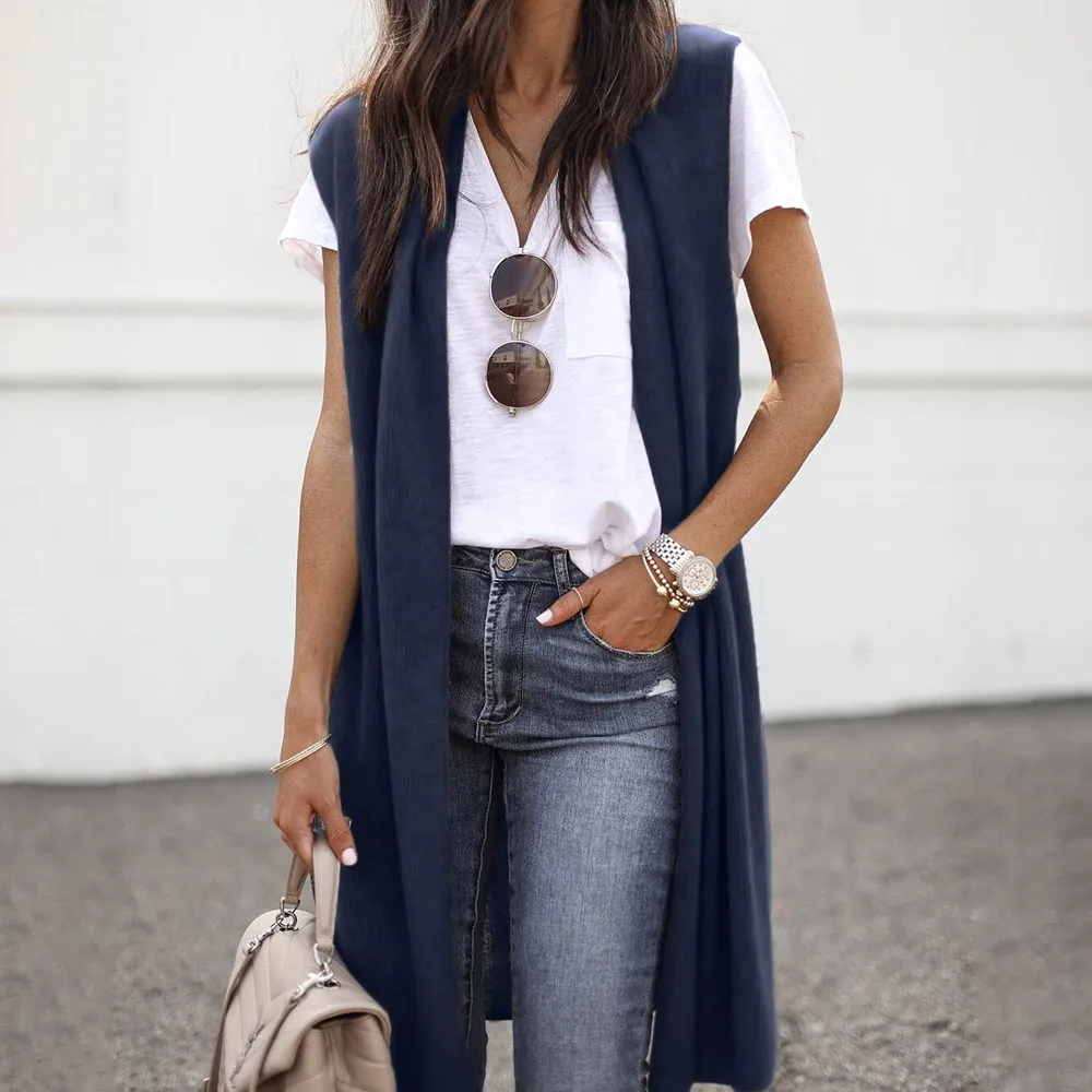 Navy Stylish Bar Autumn Women Long Vest Sleeveless Jackets Kimono Cardigan Coat Open Front Pocket Causal Lightweight Chamarras Vests - Цвет: Navy