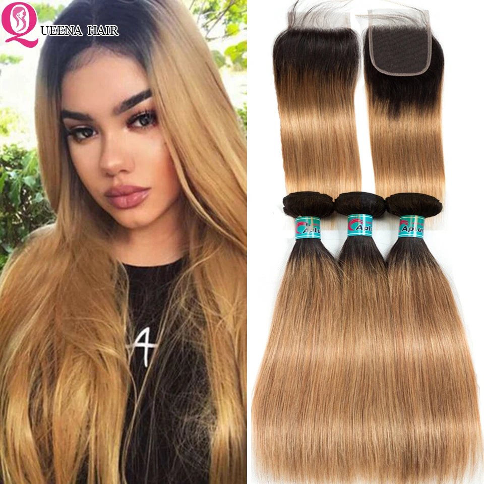 Ombre Bundles with Closure Frontal 1B/27 Blonde Straight Human Hair With Peruvian 3/4 | Шиньоны и парики