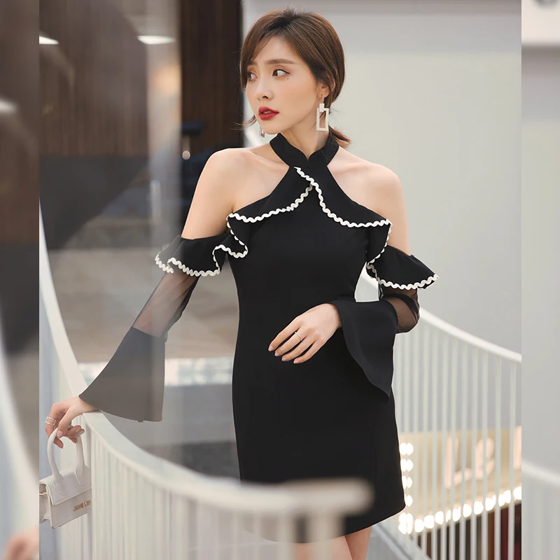 

YIGELILA New Arrivals Patchwork Dress Full Sleeves Sheath Empire Ruffles Dress O-neck Flare Sleeves Above Knee Dress 65333