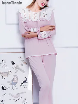 

Sweet Cotton Women's Soft Pajamas Sets Long Sleeve Soft Vintage Princess Sleepwear Autumn Pink Lace Pyjamas Spring Autumn
