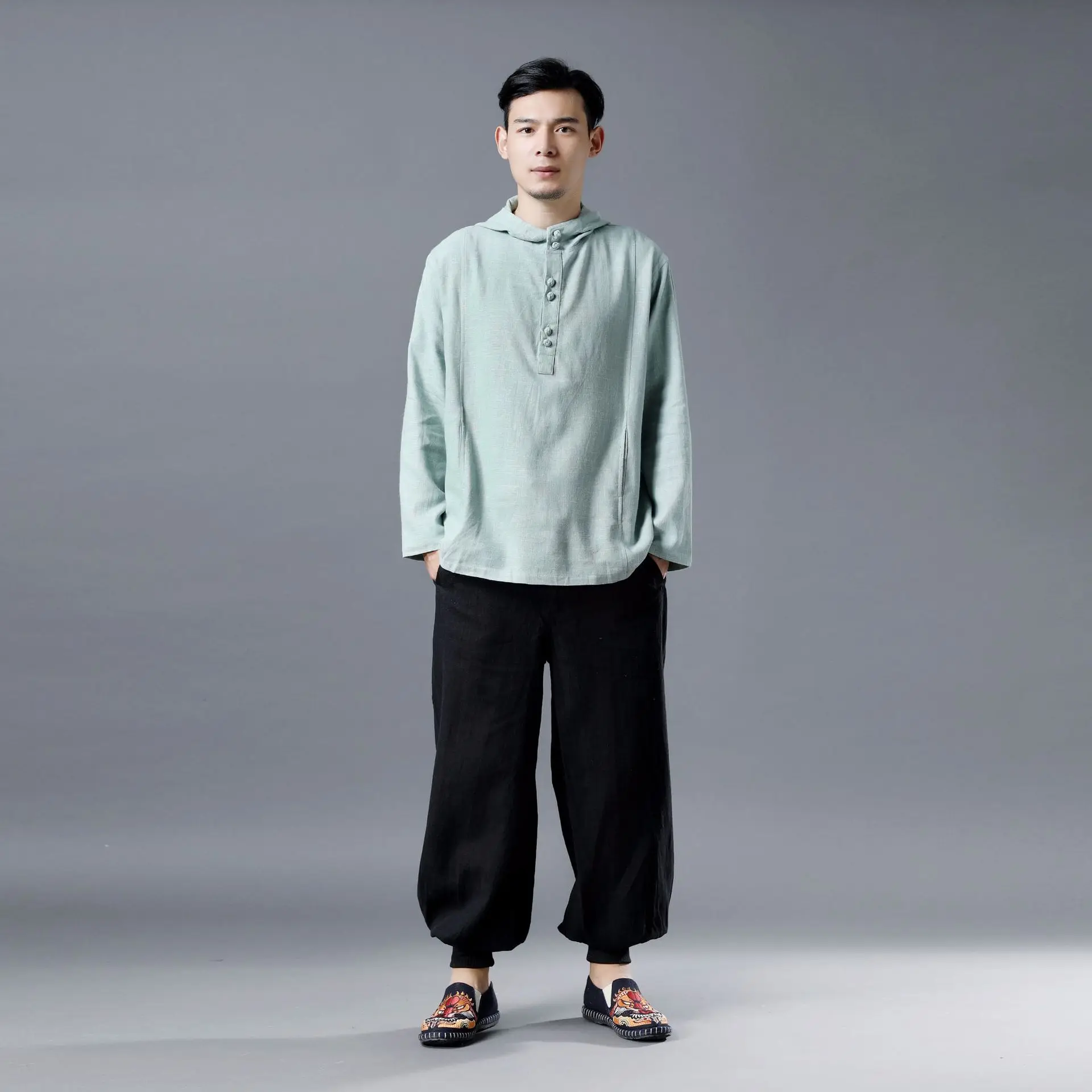 

Ma Fan New Style MEN'S Wear Hemp with a Hoodie Nation Literature And Art-Style Tops Hooded Thin Loose-Fit Nation Clothing