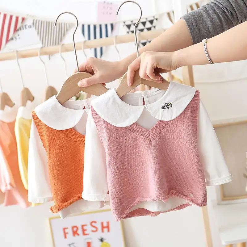 

2020 Childrenswear Spring New Products Korean-style Children GIRL'S Sweater Two-Piece Set Fashion-Style Fold-down Collar Boutiqu