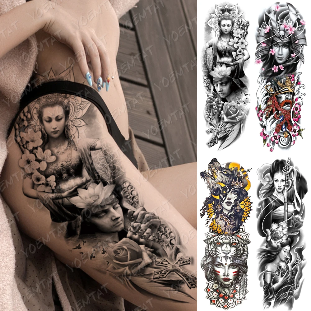 Large Arm Sleeve Tattoo Buddha Geisha Waterproof Temporary Tatto Sticker Samurai Flower Waist Leg Body Art Full Fake Tatoo Women