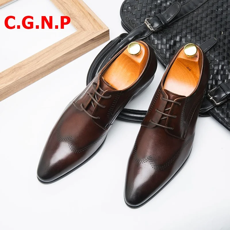 

C.G.N.P Men Formal Shoes Genuine Leather Pointed Toe Lace-up Dress Shoes Men Leather Shoes Italian Mens Office Wedding Shoes