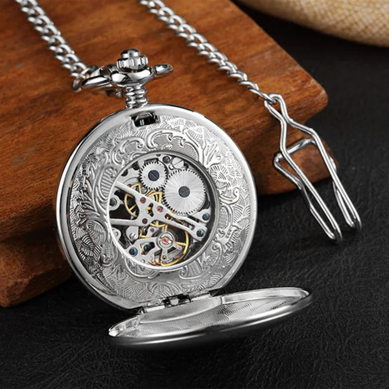 Gorben Fashion Silver Skeleton Transparent Mechanical Pocket Watch Antique Luxury Pendant Necklace Chain Unisex Gifts