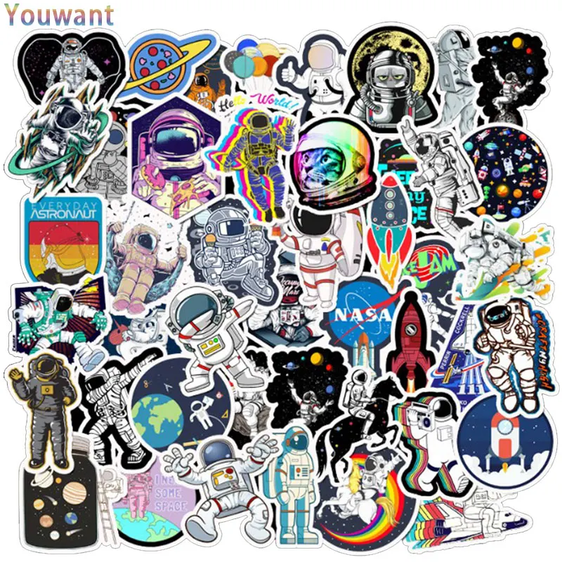

50 Pcs Cool Outer Space Stickers Alien UFO Astronaut Rocket Sticker For Laptop Motorcycle Fridge Luggage Backpack Decal Stickers