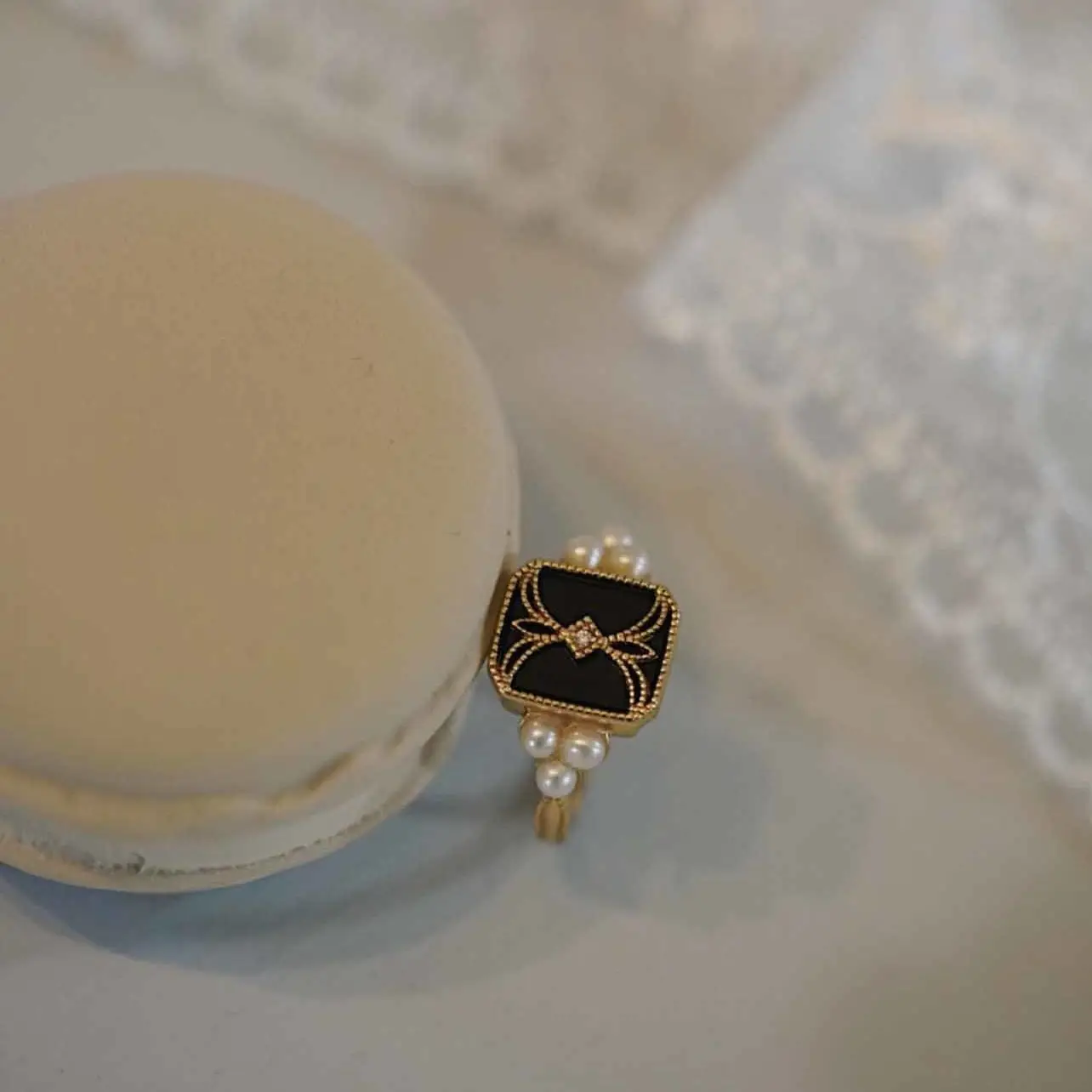Original black agate pearl opening adjustable ring national style retro compact charm ladies brand silver jewelry silver ring silver rings