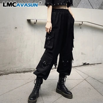 

Women Fashion Black Cargo Pocket Ring Jogger High Waist Punk Hip Hop Streetwear Harajuku Harem Pant Tracksuit Korean Trouser New