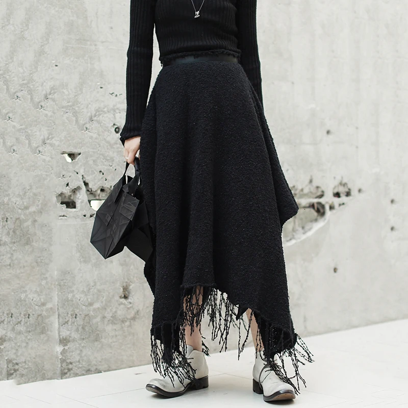 [EWQ] Новинка Осень Зима высокая эластичная талия черная свободная Асимметричная юбка с кисточками вязанная юбка средней длины Женская мода JK127