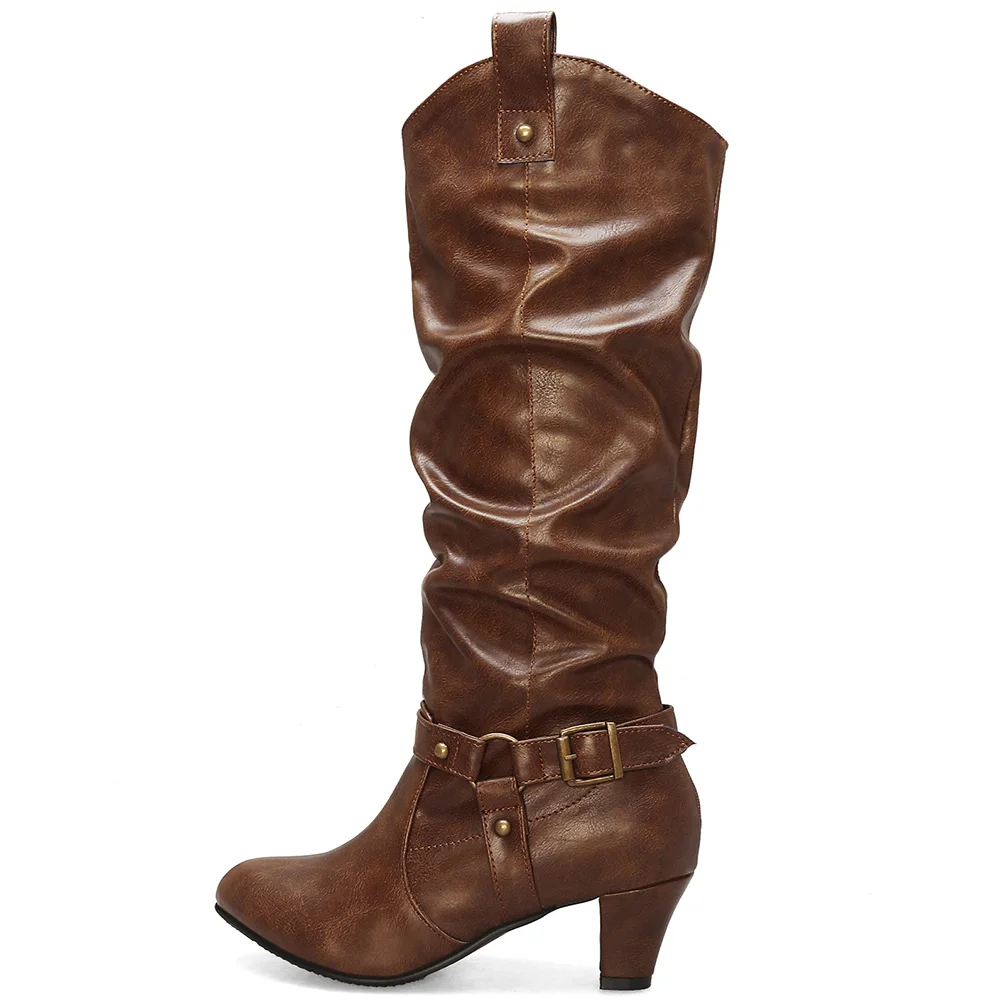 KARINLUNA New Big Size 33-43 Autumn Fashion Pleated mid-calf Boots Women Ladies Western Boots Buckle OL Med Heels Shoes Woman KARINLUNA New Big Size 33-43 Autumn Fashion Pleated mid-calf Boots Women Ladies Western Boots Buckle OL Med Heels Shoes Woman