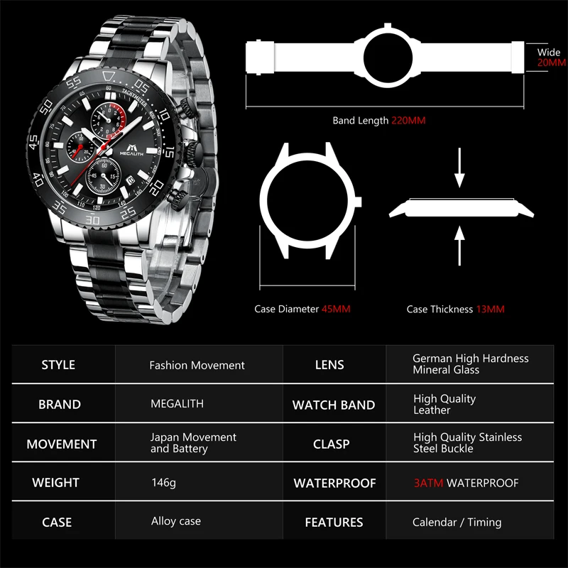 Megalith Military Watches Men Stainless Steel Band Waterproof Quartz Wristwatch Chronograph Clock-6
