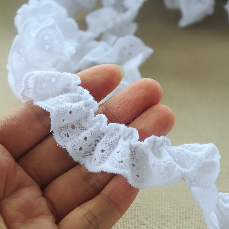 Lace Ribbon 2CM Wide Cotton Embroidered Flowers 3d Lace Ribbon Elastic Ruffle Trim Collar Neckline DIY Sewing Applique Guipure Decor