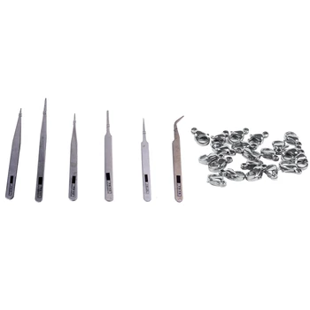 

6 Pcs Tweezers Pliers Antistatic Tweezers Ts-10/11/12/13/14/15 & 20Pcs Lobster Clasps Silver Tone for Chain Necklace