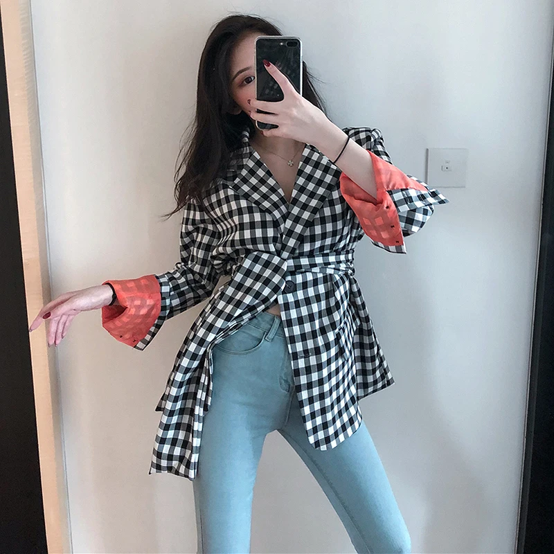 Streetwear Plaid Blazers Women Chic Notched Long Sleeve Jacket with belt Spring Autumn office lady blazers bleiser feminino