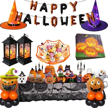 

2020 Halloween Party DIY Decorations Happy halloween letter foil balloons pumpkin napkins LED Witch hat for Halloween party