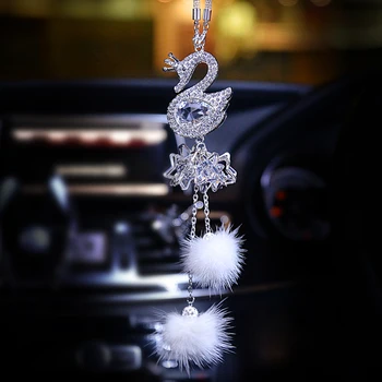 

Crystal Diamond Car Hanging Ornaments Rhinestone Swan Fur Ball Luxury Cute Car Accessories Girls Women Rear View Mirror Ornament