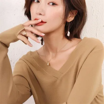 

2019 autumn OL Spring Autumn V Neck Knitted Pullovers Women Slim basic Sweater Elastic Solid Color Jumpers female women sweater