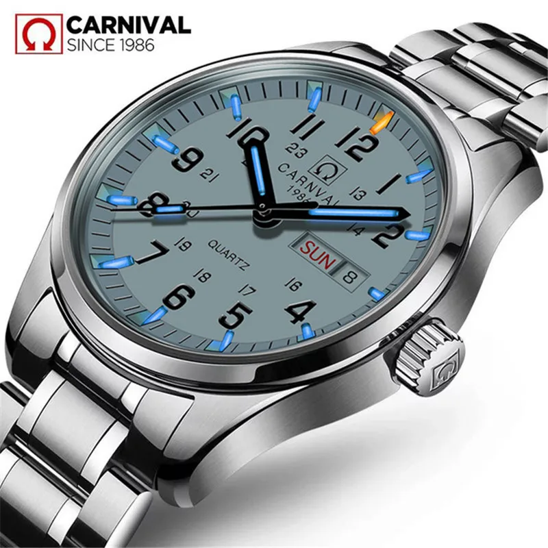 Светлые Мужские кварцевые часы Carnival Tritium водонепроницаемые Роскошные военные