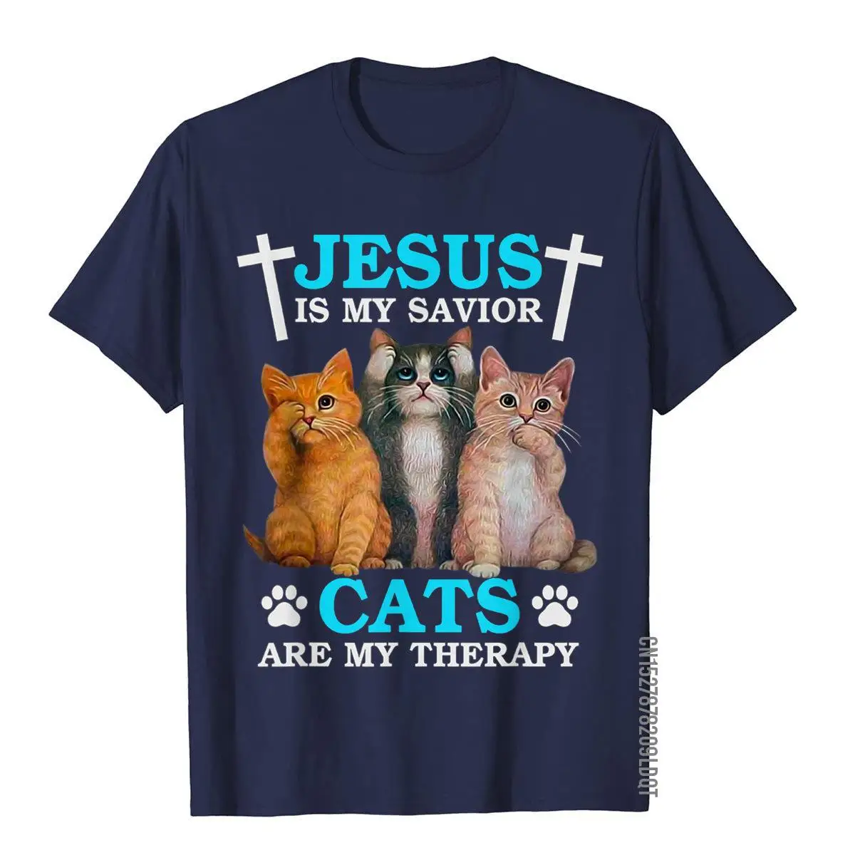 Jesus Is My Savior Cats Are My Therapy Christian Funny Cat T-Shirt__B13213navy