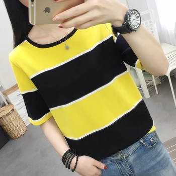 

Ice Silk Round Neck Knitted Sweater Women Loose Striped Pullover Ruched Base Short Sleeve O-neck Jumper Thin Female 2020 Spring