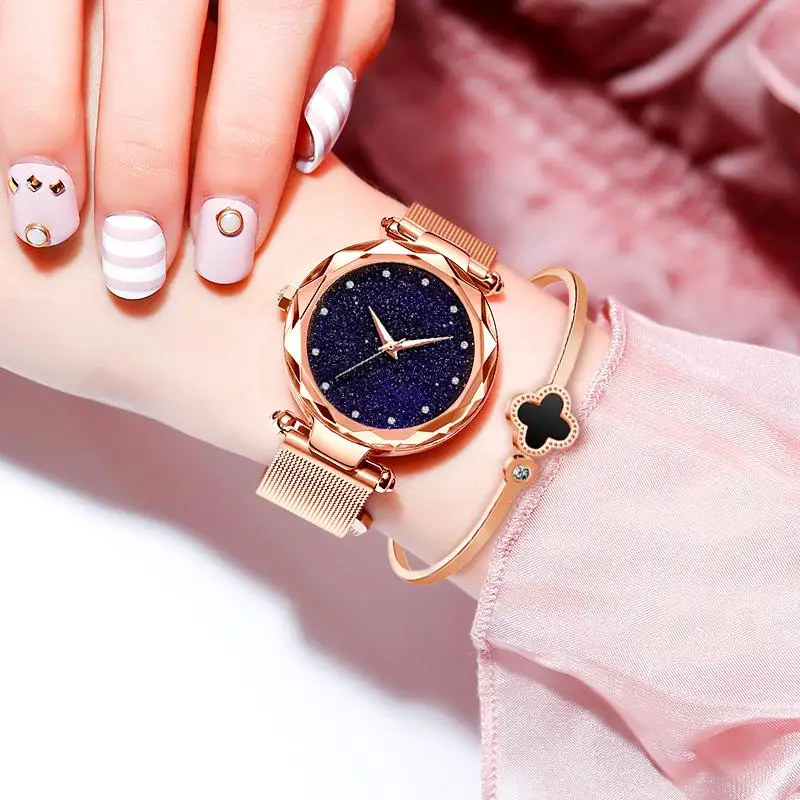 

Women Diamond Watch With Bracelet Ladies Starry Sky Clock Magnetic Mesh Band Stainless Steel Quartz Wristwatch Luxury Watches