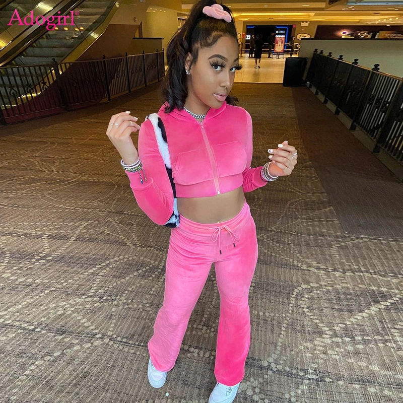 

Спортивный костюм Adogirl флисовый Женский, повседневный комплект из двух предметов для активного отдыха, свитшот на молнии с капюшоном, укороченные топы, расклешенные брюки, костюмы для бега