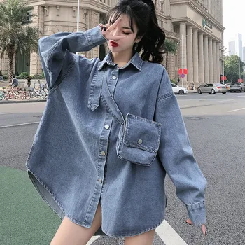 

Autumn Designed Belt Denim Shirts Women Pocket Fashion Button High Waist Jeans Long Shirt Female Streetwear Fashion Ladies Tops