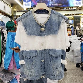 

Summer Sunscreen Vest Coat Female New Denim Stitching Perspective Mesh Jacket Coat Women's Vest Coat Chalecos Mujer White Blue