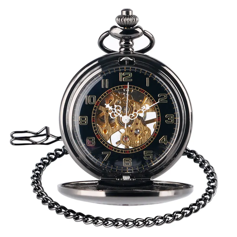 Retro Hollow Out Black Mechanical Pocket Watch Gifts Set Jewelry Box Necklace Chain Pendant Christmas Gifts for Men Women Friend
