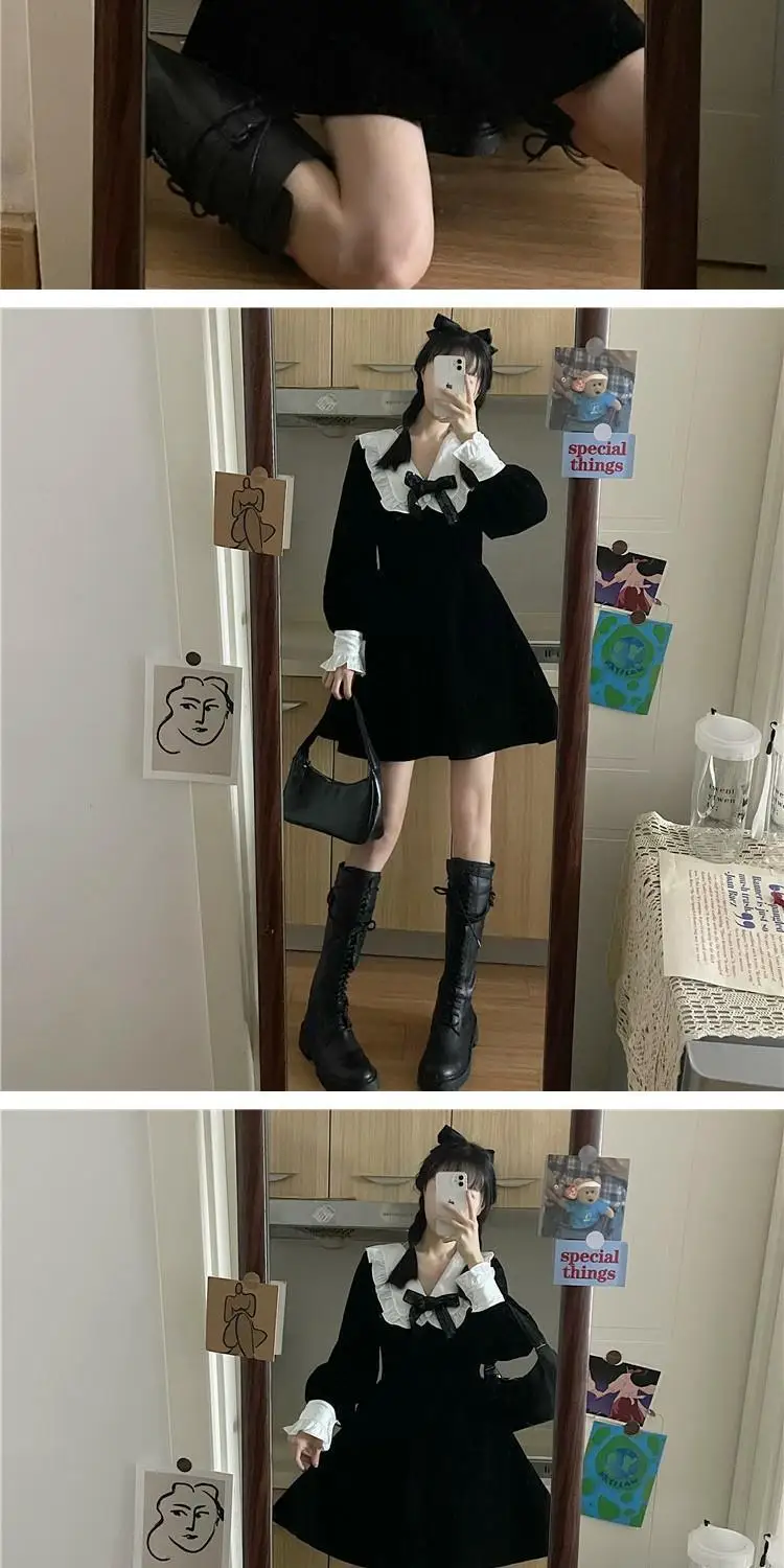 Dress Women Butterfly-Sleeve Peter Pan Collar Black Mini Korean Preppy Sweet Style Cute Romantic Vintage Lolita Streetwear Daily black dress