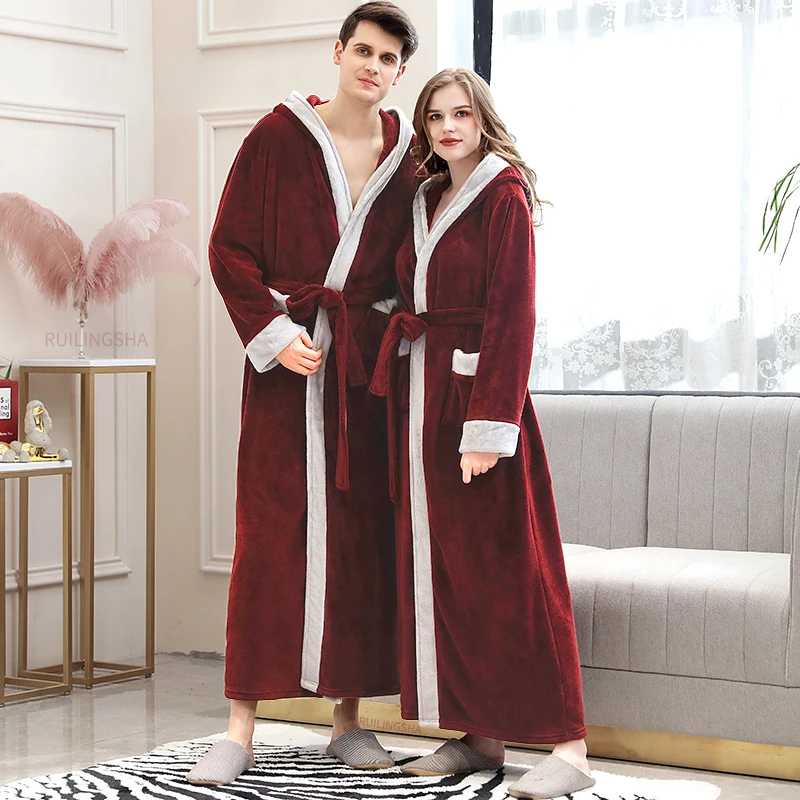 Online Women Winter Super Long Warm Flannel Bathrobe Plus Size Lovers Fur Pink Bath Robe Bride Soft Night Dressing Gown Men Sleepwear