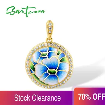 

SANTUZZA Silver Pendant For Women 925 Sterling Silver Gold Color Delicate Blue Orchid Flower Fine Jewelry Handmade Enamel