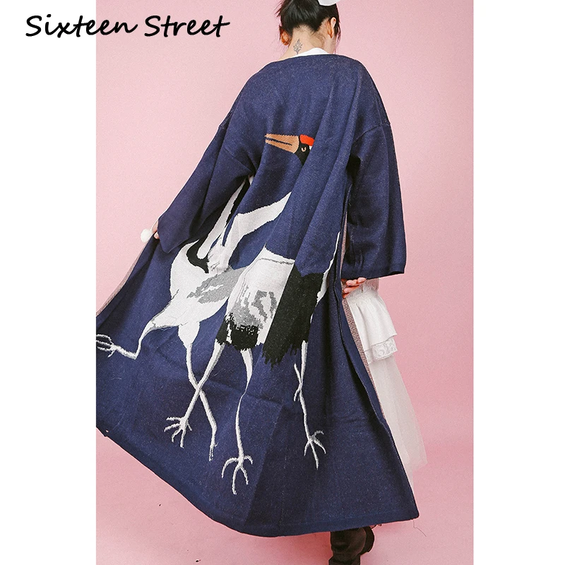 

Japan Style Women Knit Kimono Winter Cardigan Coat Long Oversized Birds Cardigan Women 2019 Casual Chic Cardigan Warm Sweaters