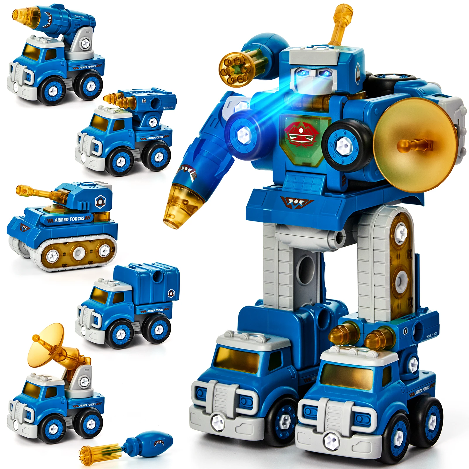 mcfarlanetoys Hahaland Transformation Robot Toys Vehicle Set 5 in 1 Screw Assembly Deformation Sound Toy Flash Action Figure Car Gift for Kids neca toys Action & Toy Figures