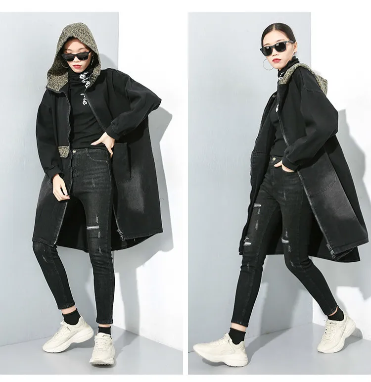 Max LuLu Fashion Korean Ladies Punk Oversized Clothes Womens Hooded Leopard Denim Trench Coats Vintage Black Long Windbreakers