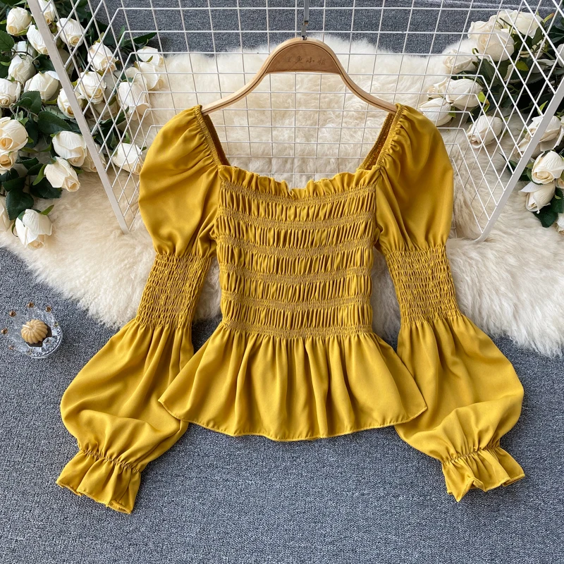 Casual Square Collar Puff Long Sleeve Short Blouse For Women Spring Autumn Red/Yellow/White Draped Shirt Female 2021 Blusas New | Женская