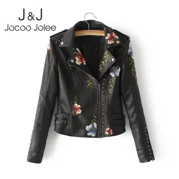 

Women Floral Print Embroidery Faux Leather PU Jacket Elegant Turn-down Collar Rivet Punk Coat Autumn Motorcycle Outwear