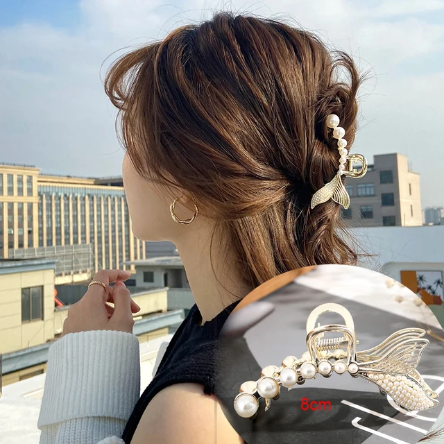 AWAYTR Rhinestone Metal Hair Claw Crab Clip For Women Girls Shiny Barrette Hairpin Crystal Pearl Hair Accessories Jewelry Gift CD1093A 8cm