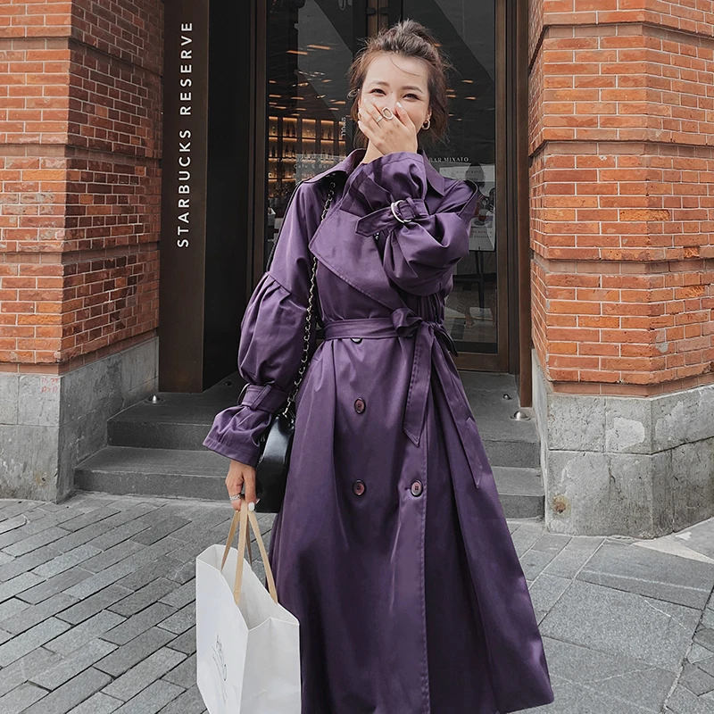 Windbreaker female Violet Double-breasted Long 2020 Spring Autumn Korean Loose Casual Fashion Over knee Trench Women coat W91