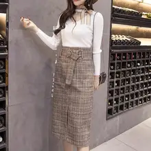 Женская шерстяная теплая зимняя длинная юбка больших размеров для офиса, элегантная прямая юбка с завышенной талией и поясом, клетчатая юбка