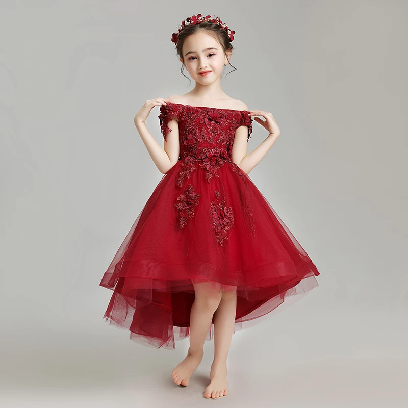 

3-14Y New Girls Dress Flowers Lace Fashion Girls Off Shoulder Wedding Dress Kids Prom Communion Clothing Birthday Party Dress