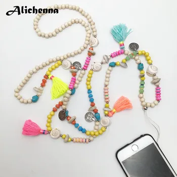 

Statemnet Women Classic Mobile Phone Chain Necklace Colour Ctystal Tassel Shell Wooden Beads Long Necklace Gifts for Best Friend