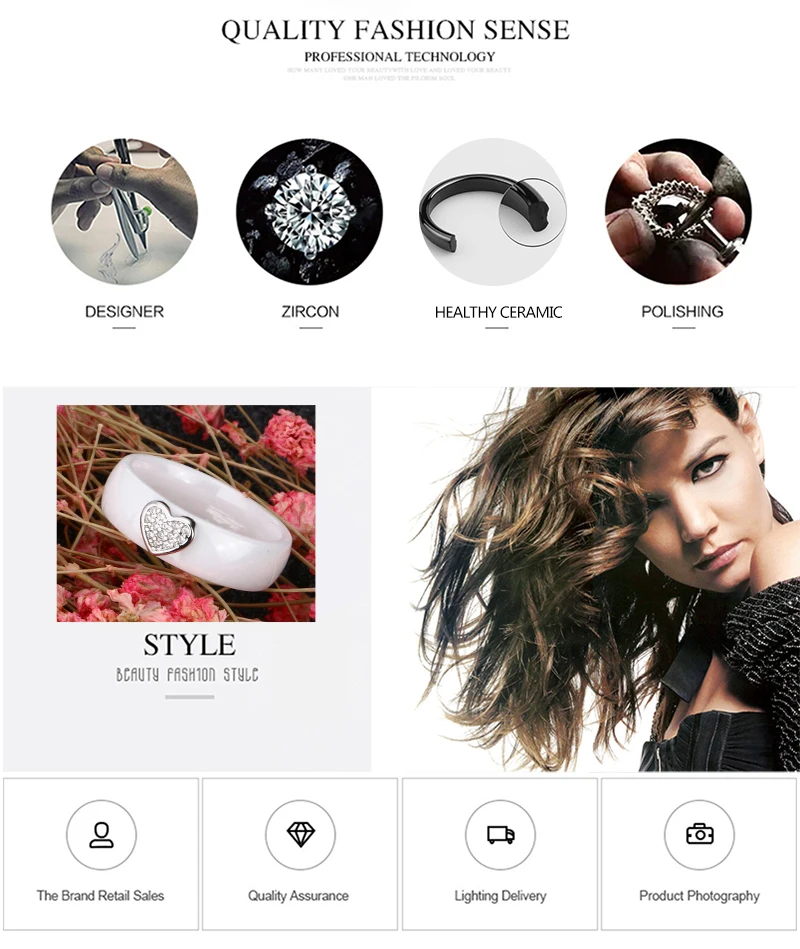 Rhinestone Heart Women Rigns Stud Earrings Sets for Women Healthy Material Ceramic Jewelry Sets Black White Color Wedding Sets